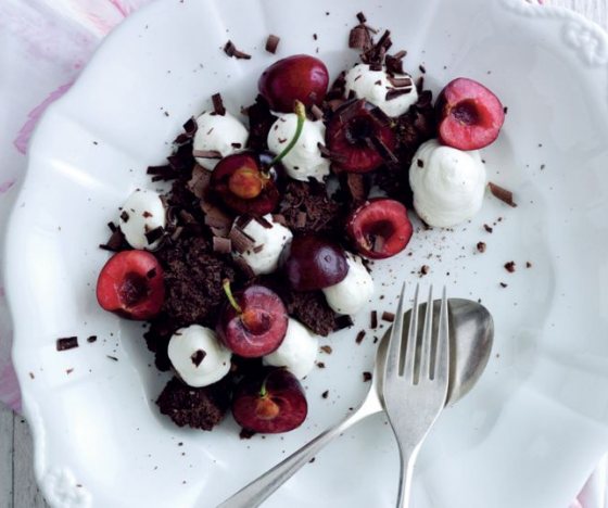 Smashed Chocolate Licorice Meringues with Whipped Cream and Cherries Recipe