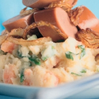 Vegetarian Frankfurter with Root Vegetable Mash and Fried Onions Recipe