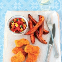 Nuggets with Chilli Salsa and Spicy Sweet Potato Wedges Recipe